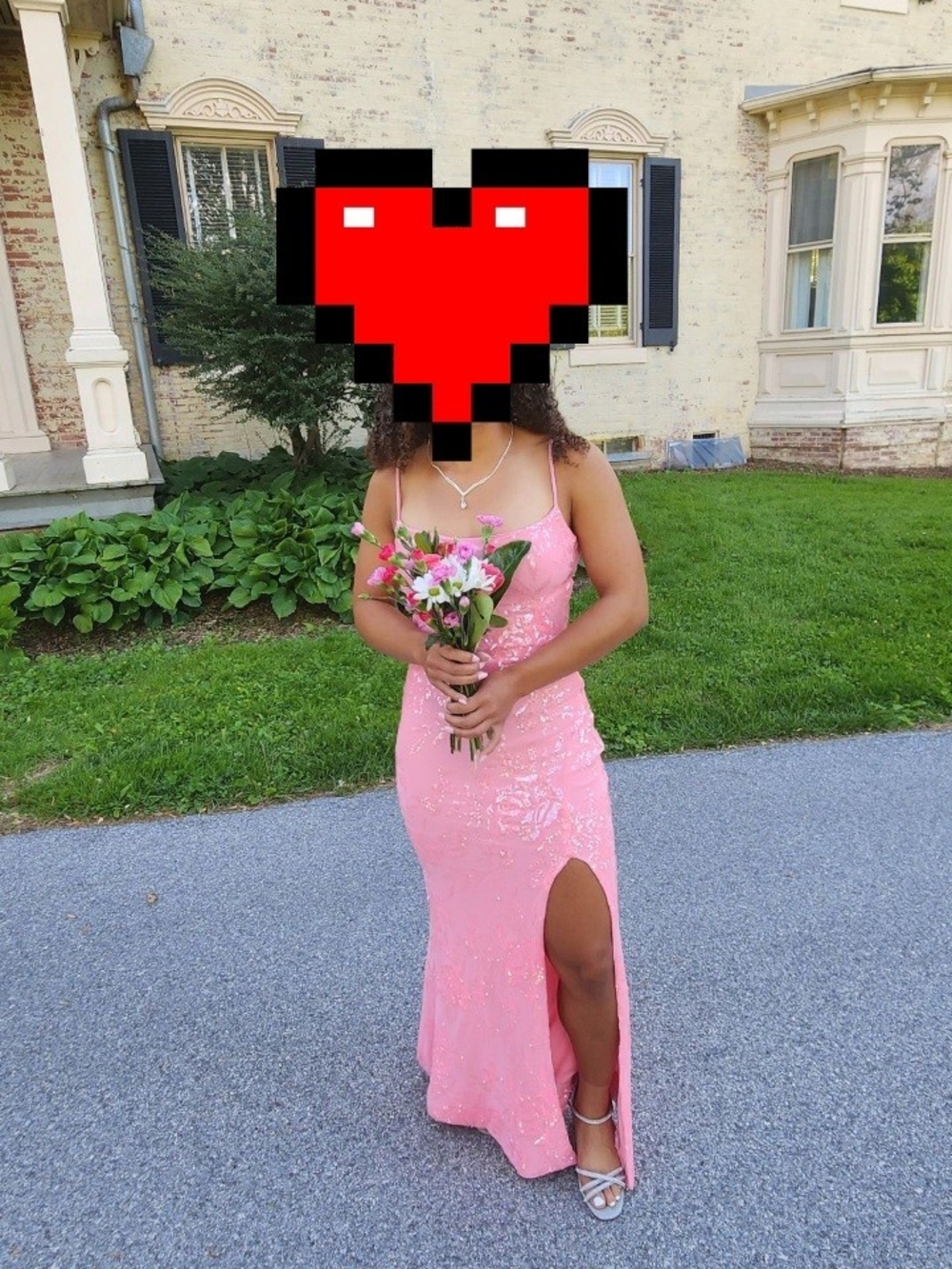 Windsor Pink Sequin Spaghetti-Strap Prom Gown with Thigh Slit